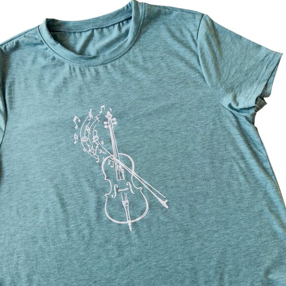 Violin Music Notes Graphic Tee Size XL Teal Short Sleeve Soft Stretch Calm Top - Picture 2 of 10